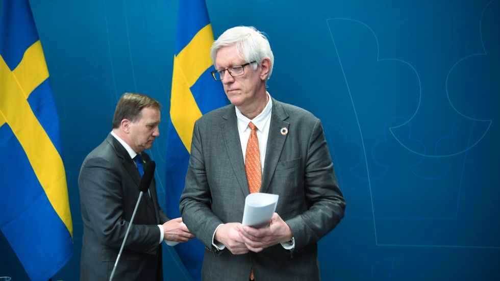 Statsminister Stefan Löfven och Folkhälsomyndighetens generaldirektör Johan Carlson.