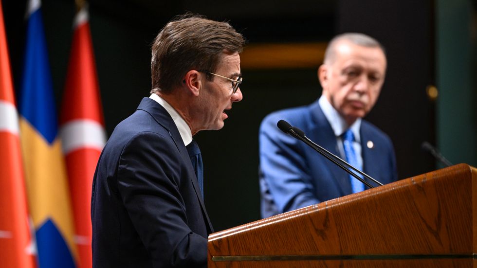 Statsminister Ulf Kristersson och Turkiets president Recep Tayyip Erdogan vid en pressträff i Ankara den 8 november förra året, då Sveriges Natoansökan diskuterades. 