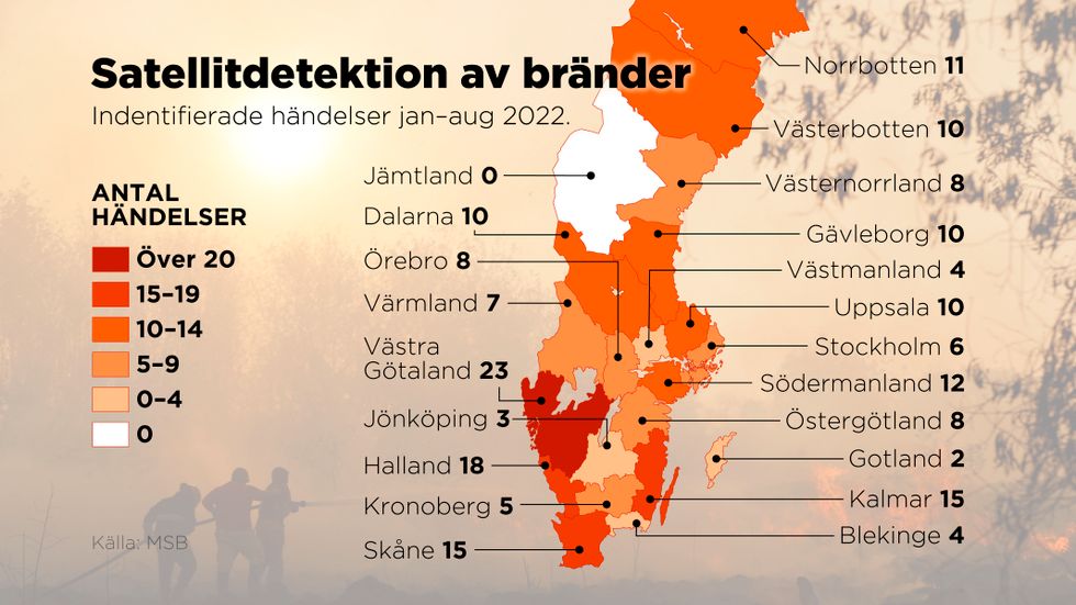 Identifierade händelser i Sverige, län för län, januari–augusti 2022.