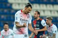 Zlatan Ibrahimovic skriker ut sin glädje sedan han på straff skickat in 1–0 för Milan mot Cagliari.