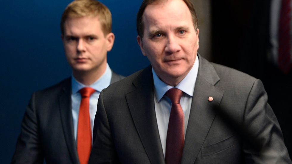Miljöpartiets Gustav Fridolin och Statsminister Stefan Löfven håller presskonferens efter onsdagens budgetvotering.