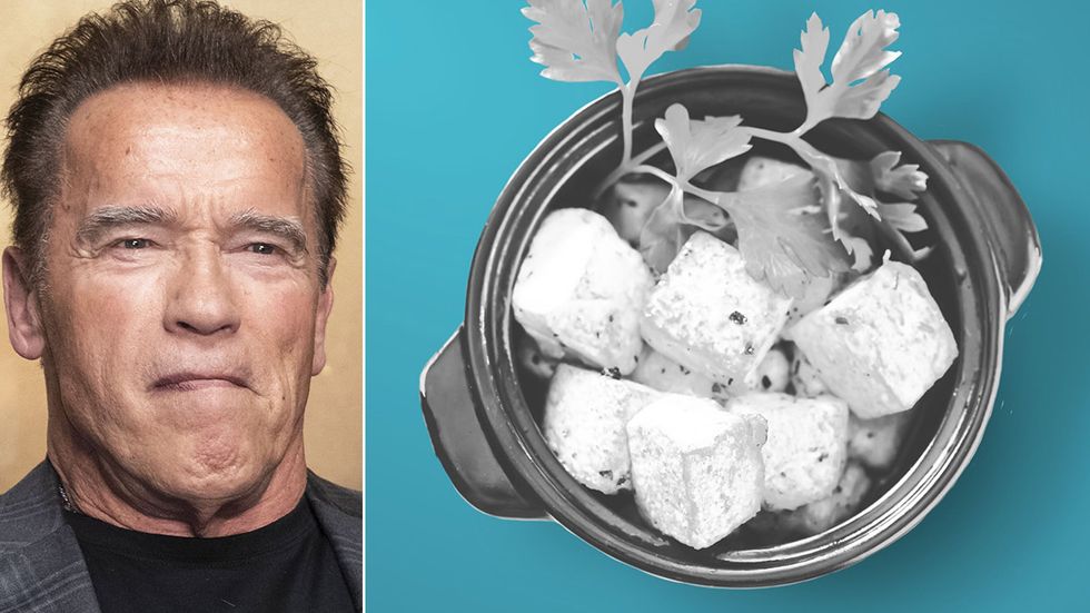 Tofu kan ersätta kött, menar Linda Bakkman. Vegorörelsen har fått ett nytt affischnamn i Arnold Schwarzenegger.  Illustration: Thomas Molén