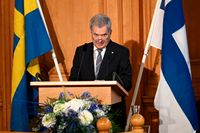 Finlands president Sauli Niinistö under ett tal i andra kammarsalen i riksdagshuset i Stockholm i maj.