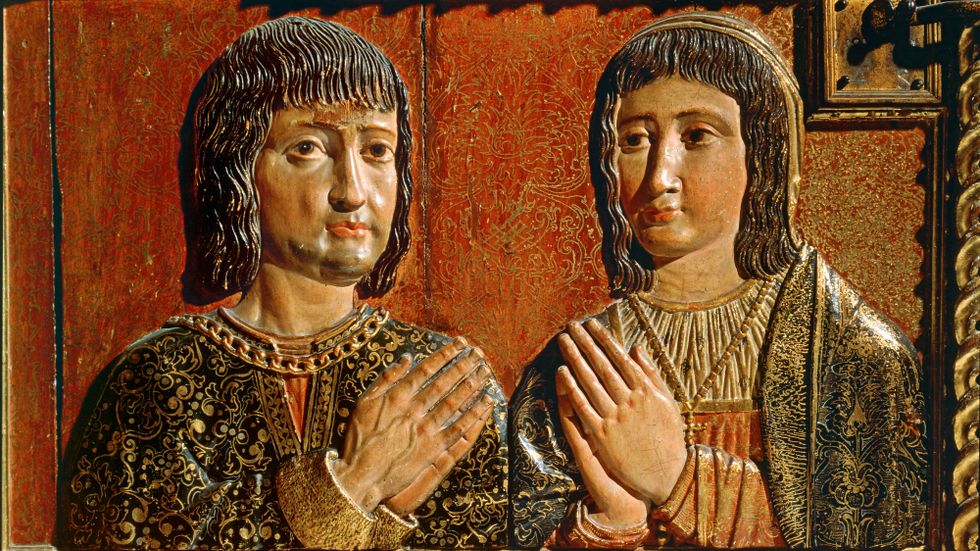 Träsnitt föreställande Ferdinand av Aragonien och Isabella av Kastilien som genom sitt giftemål la grunden för dagens Spanien. 