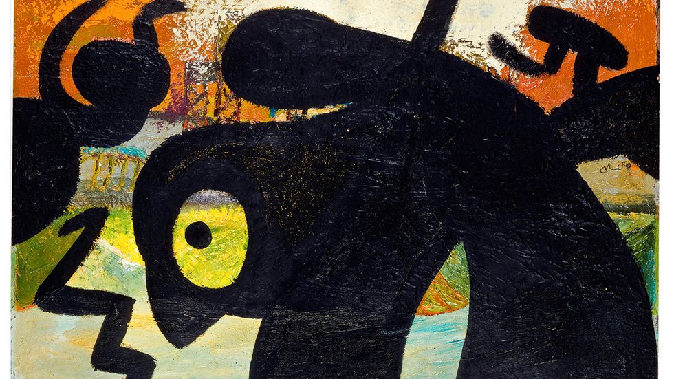 Joan Miró, ”Figur, fåglar”, 1973. Olja på duk.