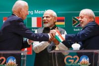 Joe Biden tillsammans med Indiens premiärminister Narendra Modi och Brasiliens president Lula Da Silva på G20-mötet i New Delhi.