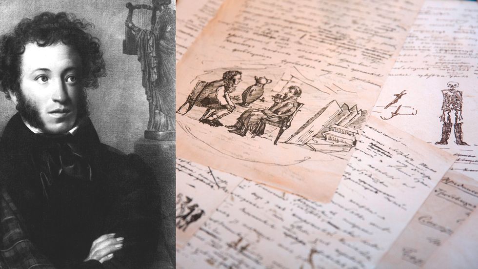 Handskrivna manuskript i Pusjkinmuseet i Boldino, där Aleksandr Pusjkin (1799–1837) tillbringade en tid i karantän för den grasserande koleran. 
