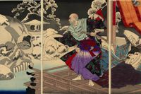 Kiyomori konfronteras med dödskallarna av sina offer. Triptyk av Tsukioka Yoshitoshi, 1882 (detalj).