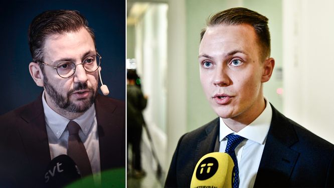Centerpartiets partiledare Muharrem Demirok och Sverigedemokraternas Tobias Andersson, ordförande för riksdagens näringsutskott.