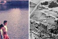 Till vänster: Pripjat före katastrofen. Till höger den förstörda reaktorn, 26 april 1986.