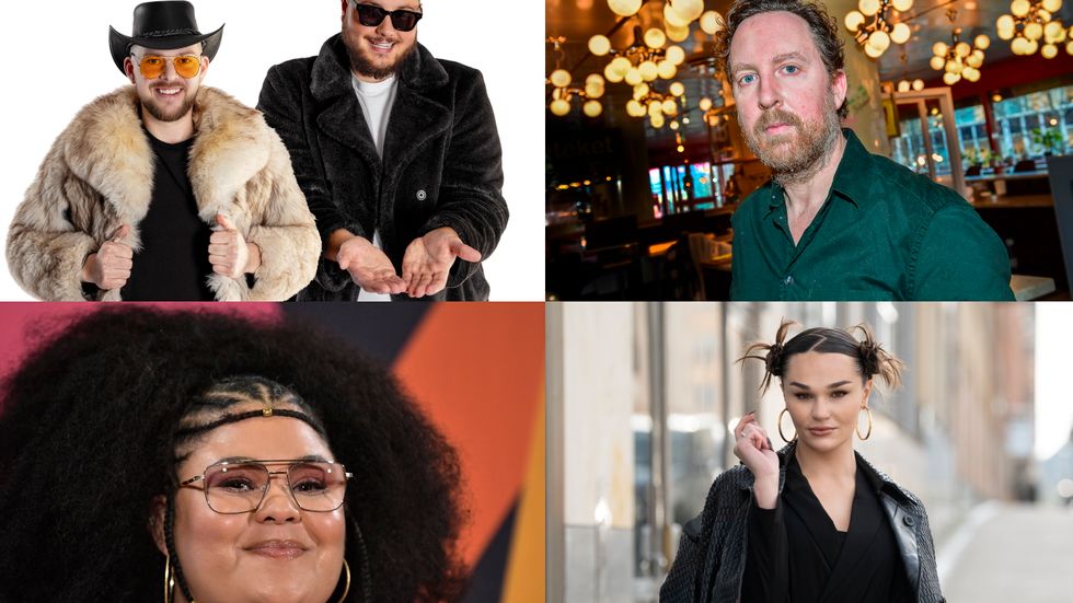 Fyra av artisterna som tävlar i Melodifestivalen 2023. Elov & Beny, Uje Brandelius, Loulou Lamotte och Tone Sekelius. Pressbild/arkivbild.