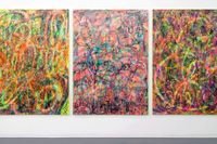 Michael Rupini, tre verk ur  ”Untitled (from abstract series)”,  2019. UV färg, airbrush, spray på pannå.