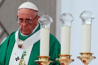 Påve Franciskus, vars ansikte är fullt med blåmärken efter ett fall i påvemobilen, uttrycker skarp kritik mot så kallade klimatförnekare.