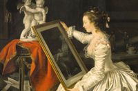 En ung student sysselsatt med att studera en målning, ”L’élève intéressante” av Marguerite Gérard, cirka 1785–87 (beskuren). 