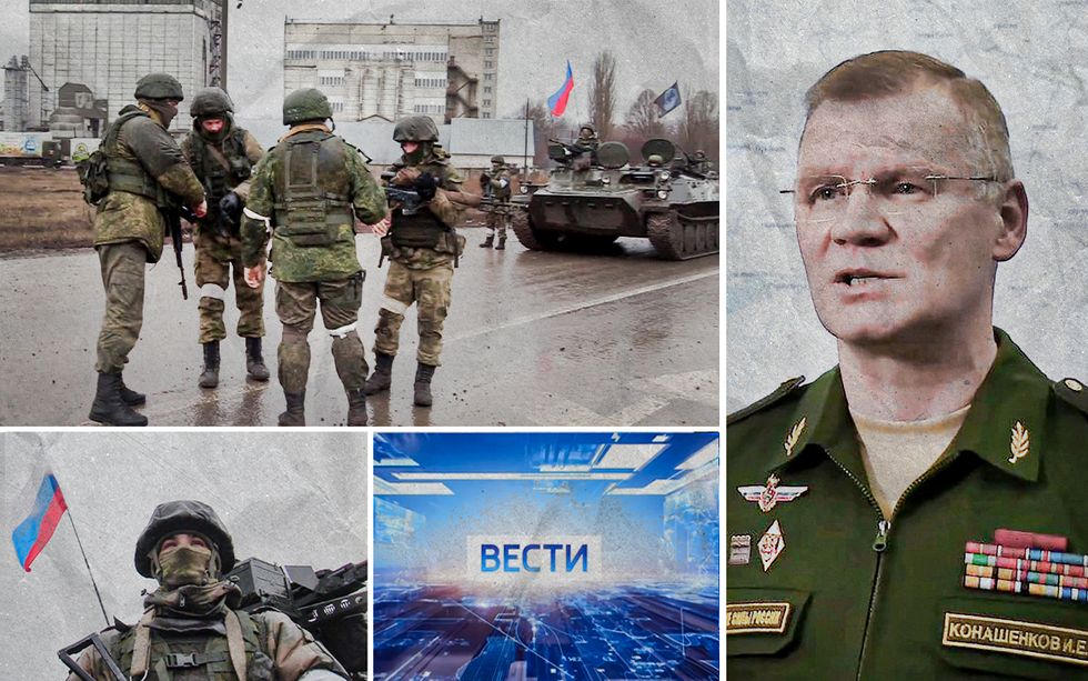 Generalmajor Igor Konasjenkov, den ryska försvarsmaktens talesman, ger i nyhetsprogrammet ”Vesti” intryck av att kriget är oblodigt, nästan kirurgiskt perfekt.