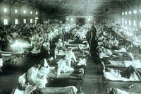 Provisoriskt sjukhus för behandling av patienter med spanska sjukan, i Camp Funston, Kansas, ca 1918.